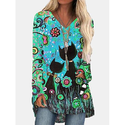 

Women's T Shirt Dress Tee Dress Short Mini Dress Blue Purple Yellow Green Red Long Sleeve Print Patchwork Print Fall Spring V Neck Casual 2021 S M L XL XXL 3XL 4XL 5XL / Plus Size / Plus Size