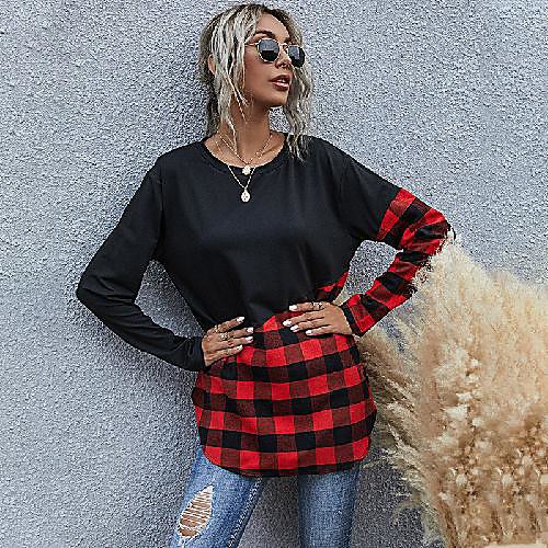 

Women's T shirt Plaid Color Block Long Sleeve Patchwork Print Round Neck Tops Chinoiserie Basic Top Black