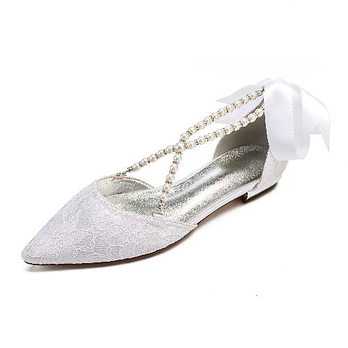 

Women's Wedding Shoes Flat Heel Pointed Toe Classic Sweet Wedding Party & Evening Lace Pearl Satin Flower Solid Colored White Ivory