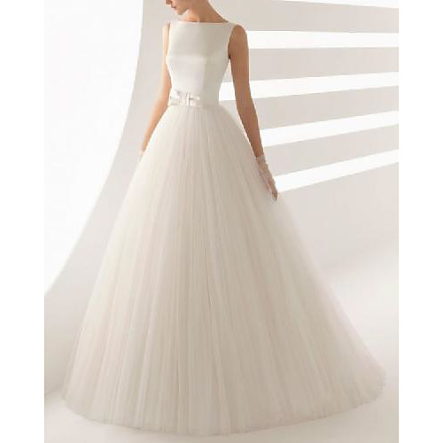 

A-Line Wedding Dresses Jewel Neck Floor Length Satin Tulle Sleeveless Country Simple with Bow(s) 2021