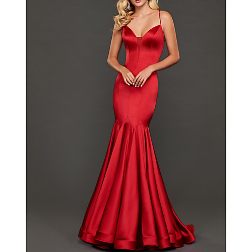 

Mermaid / Trumpet Beautiful Back Sexy Wedding Guest Formal Evening Dress V Neck Sleeveless Floor Length Stretch Satin with Pleats 2021