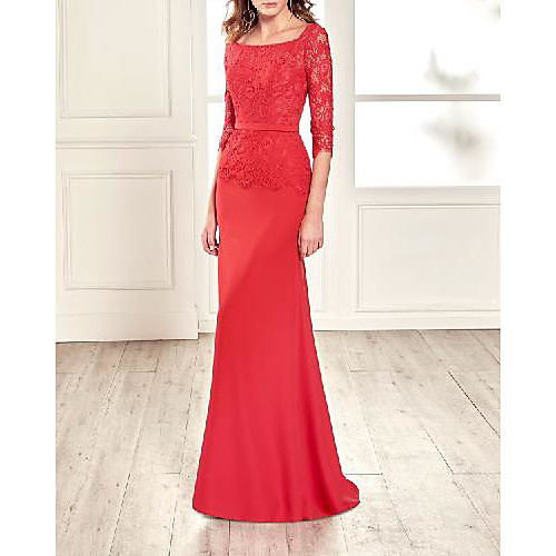 

Sheath / Column Mother of the Bride Dress Elegant Jewel Neck Floor Length Lace Stretch Fabric Half Sleeve with Appliques 2021