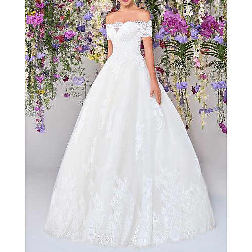 

A-Line Wedding Dresses Off Shoulder Floor Length Lace Satin Sleeveless Country Romantic with Appliques 2021