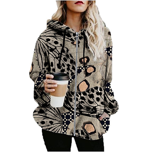 

Women's Hoodied Jacket Sports Fall & Winter Long Coat Loose Jacket Long Sleeve Print Print Brown