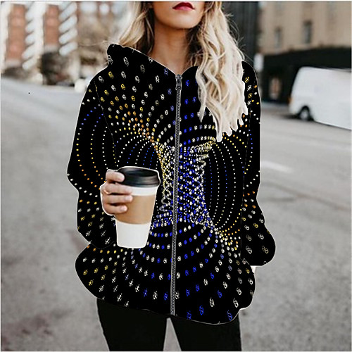 

Women's Hoodied Jacket Sports Spring & Fall Regular Coat Regular Fit Active Streetwear Jacket Long Sleeve Polka Dot Patchwork Black / Going out / Print