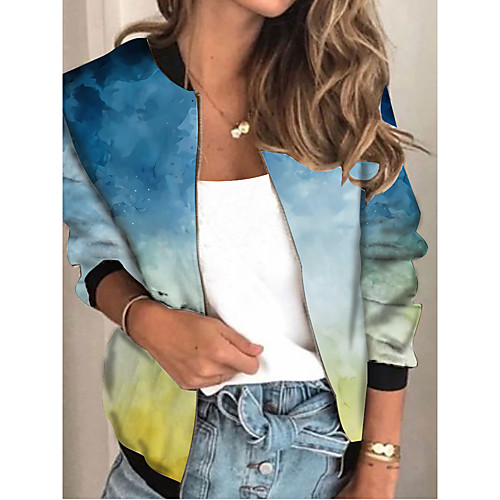 

Women's Jacket Sports Spring & Fall Regular Coat Regular Fit Streetwear Jacket Long Sleeve Tie Dye Patchwork Blue / Going out / Print