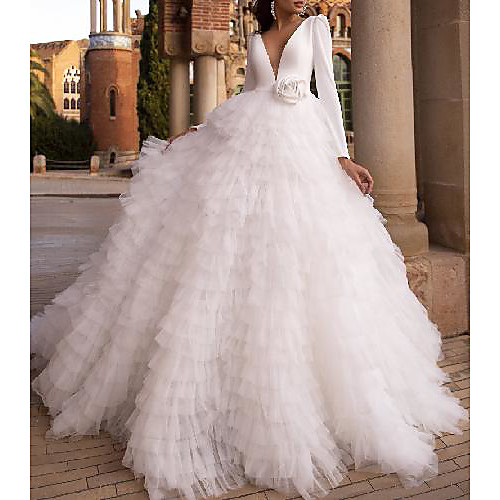 

A-Line Wedding Dresses V Neck Floor Length Satin Tulle Long Sleeve Country Formal with Cascading Ruffles 2021