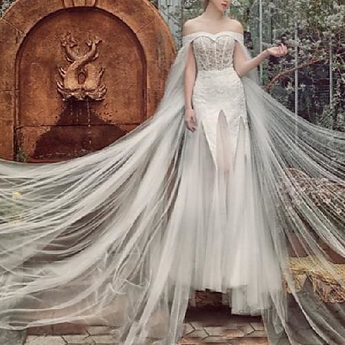 

Mermaid / Trumpet Sheath / Column Wedding Dresses Off Shoulder Floor Length Lace Tulle Short Sleeve Country Romantic with Pleats Appliques 2021