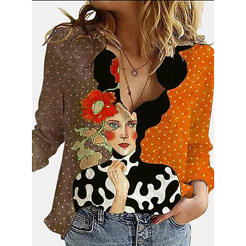 

Women's Blouse Shirt Color Block Portrait Long Sleeve Print Shirt Collar Tops Red Yellow