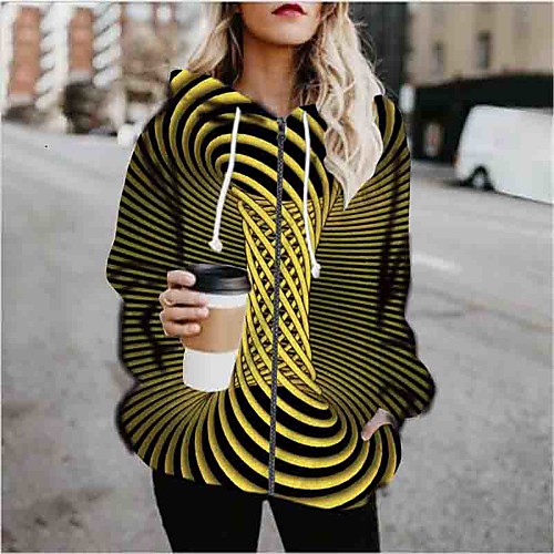 

Women's Hoodied Jacket Sports Fall & Winter Regular Coat Loose Jacket Long Sleeve Print Print Yellow