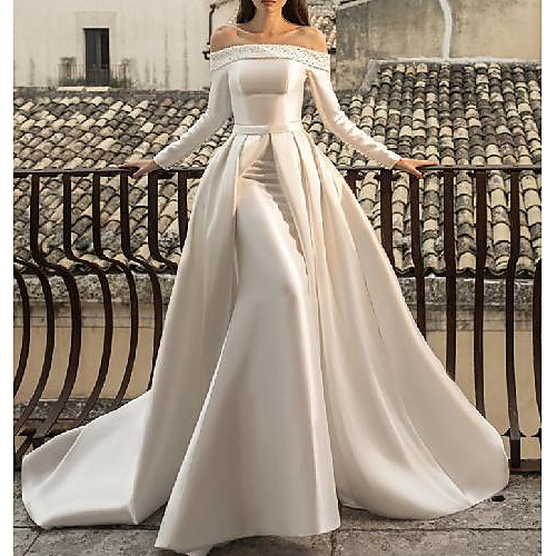 

Sheath / Column Wedding Dresses Off Shoulder Sweep / Brush Train Detachable Satin Long Sleeve Country Simple with Beading 2021