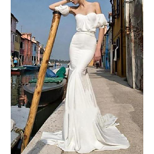 

Mermaid / Trumpet Wedding Dresses Strapless Sweep / Brush Train Italy Satin Short Sleeve Simple with 2021