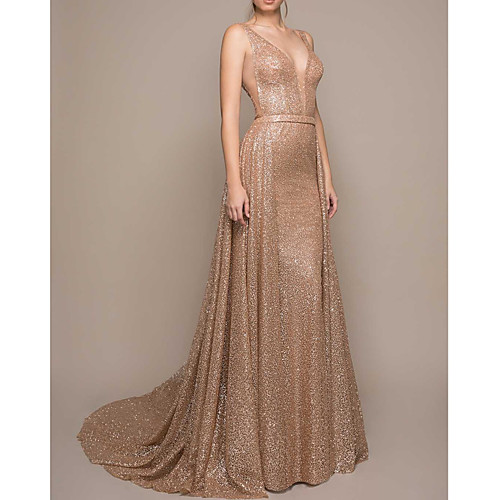 

A-Line Beautiful Back Sexy Engagement Formal Evening Dress V Neck Sleeveless Court Train Sequined with Pleats 2021