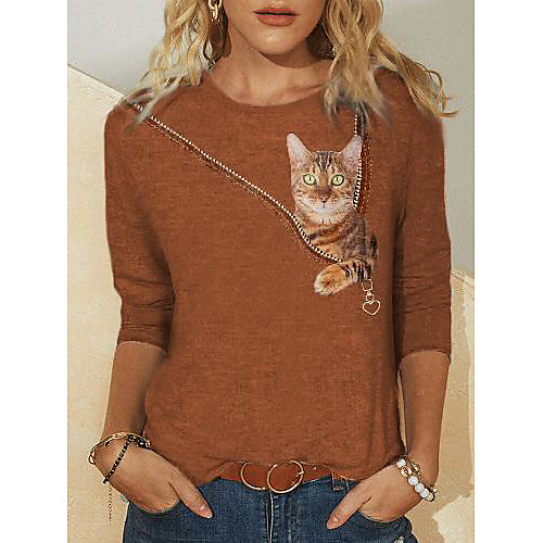 

Women's T shirt Cat Graphic Long Sleeve Print Round Neck Tops Basic Basic Top Brown