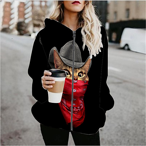 

Women's Hoodied Jacket Sports Spring & Fall Regular Coat Regular Fit Active Streetwear Jacket Long Sleeve Print Patchwork Black / Going out