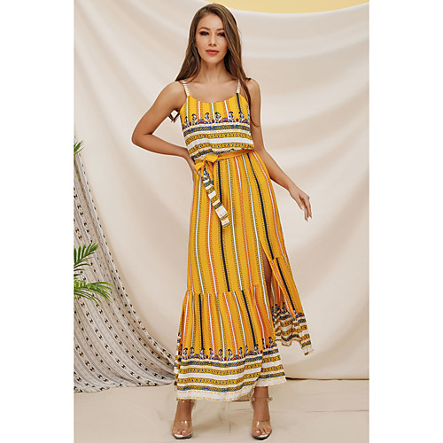 

Women's Strap Dress Maxi long Dress Yellow Sleeveless Print Print Spring Summer Boho 2021 S M L XL