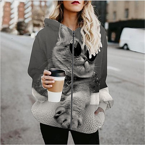 

Women's Hoodied Jacket Sports Spring & Fall Regular Coat Regular Fit Active Streetwear Jacket Long Sleeve Print Patchwork Gray / Going out