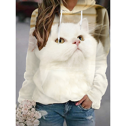 

Women's Hoodie Pullover Cat Graphic 3D Front Pocket Print Daily 3D Print Basic Casual Hoodies Sweatshirts White