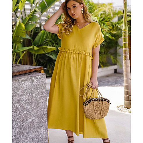 

Women's Swing Dress Maxi long Dress Yellow Short Sleeve Solid Color Spring Summer Casual Loose 2021 XL XXL 3XL 4XL