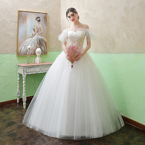

Princess Ball Gown Wedding Dresses Spaghetti Strap Floor Length Lace Tulle Short Sleeve Romantic with Ruffles Appliques 2021