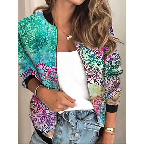 

Women's Jacket Sports Spring & Fall Regular Coat Regular Fit Streetwear Jacket Long Sleeve Geometric Patchwork Blue / Going out / Print