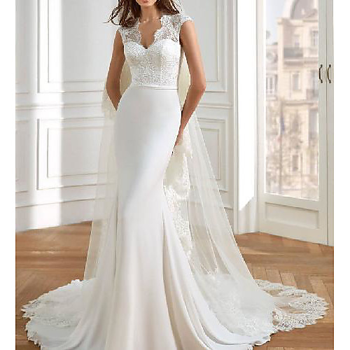 

Mermaid / Trumpet Wedding Dresses V Neck Court Train Lace Italy Satin Sleeveless Simple Luxurious with 2021