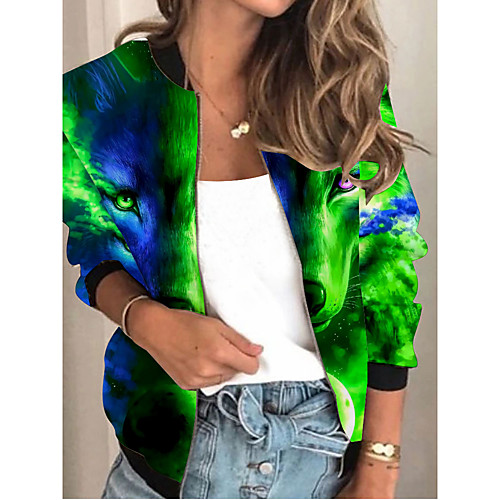 

Women's Jacket Sports Spring & Fall Regular Coat Regular Fit Streetwear Jacket Long Sleeve Print Patchwork Green / Going out