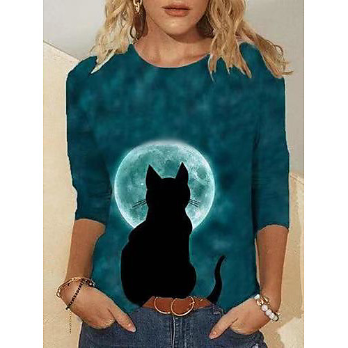 

Women's T shirt Cat Long Sleeve Print Round Neck Tops Basic Basic Top Blue