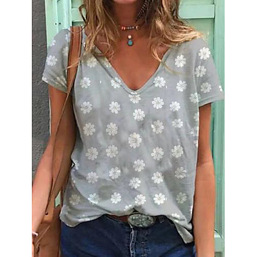 

Women's T shirt Daisy Print U Neck Tops Basic Basic Top Blue Purple Khaki