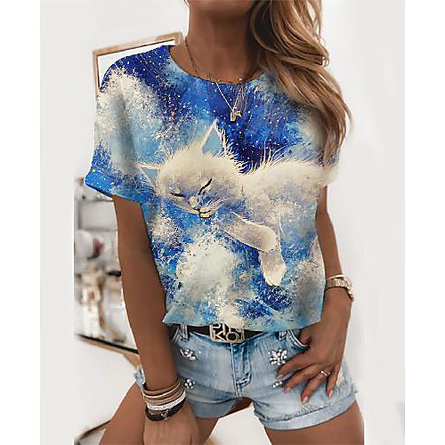 

Women's T shirt Cat 3D Graphic Prints Print Round Neck Tops Basic Basic Top Blue