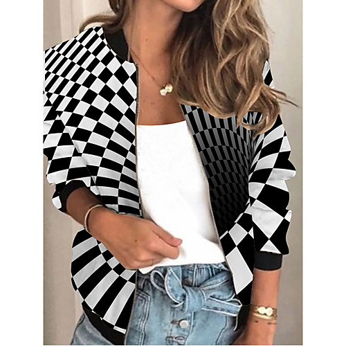 

Women's Jacket Sports Spring & Fall Regular Coat Regular Fit Streetwear Jacket Long Sleeve Color Block Patchwork Black / Going out / Print