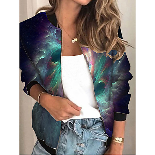 

Women's Jacket Sports Spring & Fall Regular Coat Regular Fit Streetwear Jacket Long Sleeve Tie Dye Patchwork Blue / Going out / Print