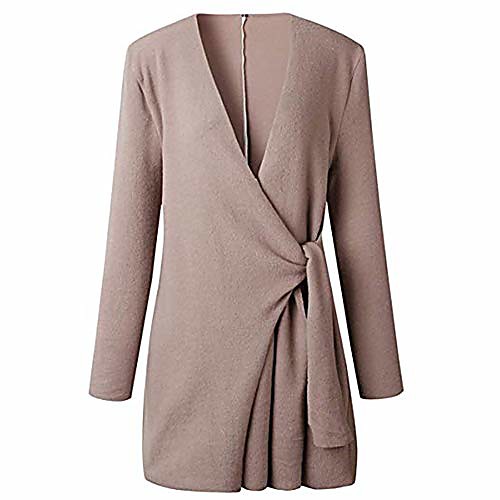 

women trench coat turn down shawl collar wool blend v neck cardigan khaki