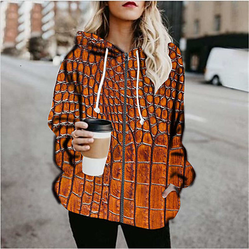 

Women's Hoodied Jacket Sports Fall & Winter Regular Coat Loose Jacket Long Sleeve Print Print Orange