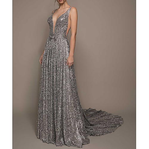 

A-Line Beautiful Back Sexy Engagement Formal Evening Dress V Neck Sleeveless Court Train Sequined with Pleats Sequin 2021
