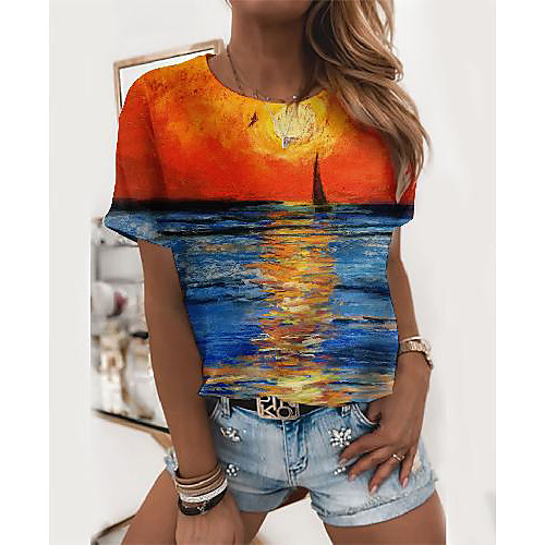 

Women's Painting T shirt Scenery Graphic Prints Print Round Neck Basic Tops Blue Light Blue
