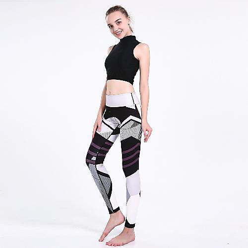 

Women's Basic Comfort Daily Gym Leggings Pants Geometric Pattern Full Length Patchwork Print White