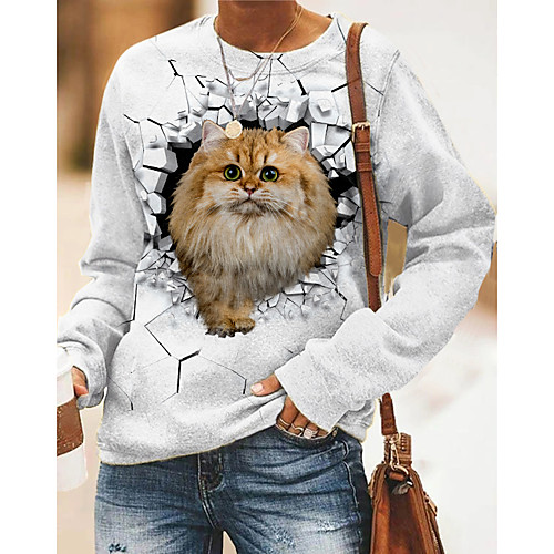 

Women's Pullover Sweatshirt Cat Graphic 3D Print Daily 3D Print Basic Casual Hoodies Sweatshirts White