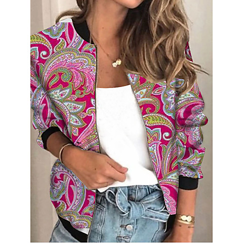 

Women's Jacket Sports Spring & Fall Regular Coat Regular Fit Streetwear Jacket Long Sleeve Plants Patchwork Red / Going out / Print