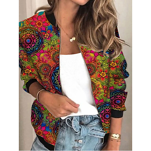 

Women's Jacket Sports Spring & Fall Regular Coat Regular Fit Streetwear Jacket Long Sleeve Plants Patchwork Red / Going out / Print