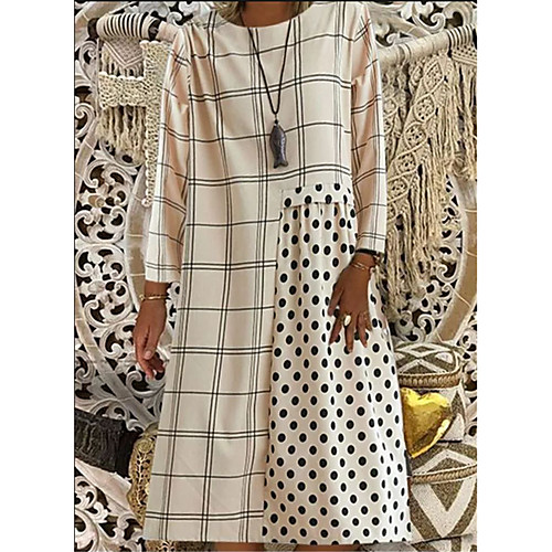 

Women's Swing Dress Knee Length Dress White Beige Long Sleeve Polka Dot Color Block Patchwork Fall Round Neck Elegant Casual Going out Loose 2021 S M L XL XXL 3XL / Plus Size / Plus Size