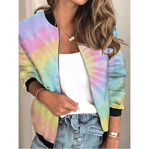 

Women's Jacket Sports Spring & Fall Regular Coat Regular Fit Streetwear Jacket Long Sleeve Tie Dye Patchwork Blushing Pink / Going out / Print