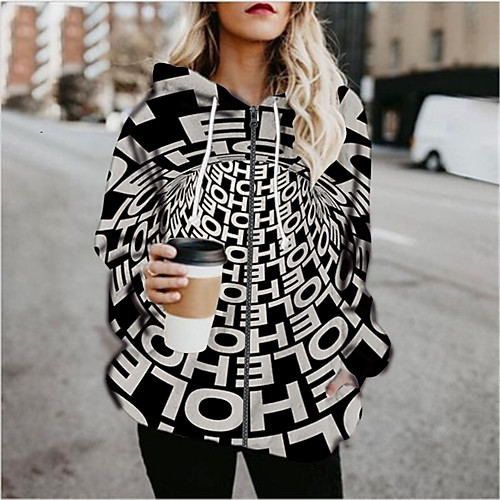 

Women's Hoodied Jacket Sports Fall & Winter Regular Coat Loose Jacket Long Sleeve Print Print Black