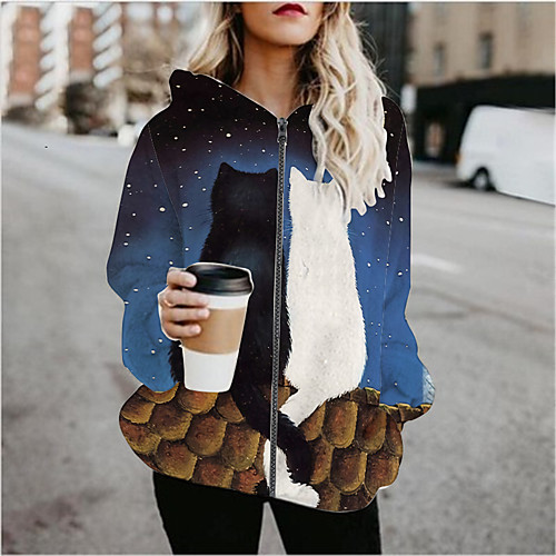 

Women's Hoodied Jacket Sports Spring & Fall Regular Coat Regular Fit Active Streetwear Jacket Long Sleeve Geometric Patchwork Blue / Going out / Print
