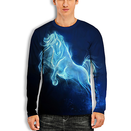 

Men's T shirt 3D Print Graphic 3D Animal Print Long Sleeve Casual Tops Cartoon Classic Blue