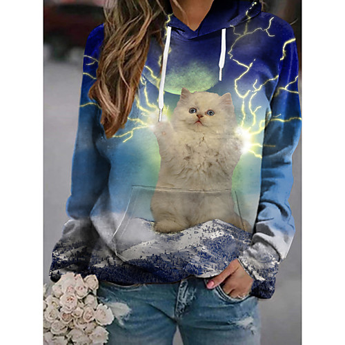 

Women's Hoodie Pullover Cat Graphic 3D Front Pocket Print Daily 3D Print Basic Casual Hoodies Sweatshirts Blue