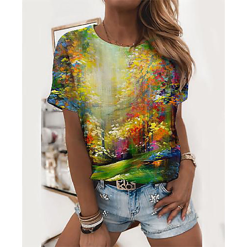 

Women's Painting T shirt Scenery Graphic Prints Print Round Neck Basic Tops Green