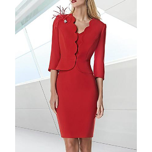 

Two Piece Sheath / Column Mother of the Bride Dress Elegant V Neck Knee Length Charmeuse Stretch Fabric Half Sleeve with Ruffles 2021