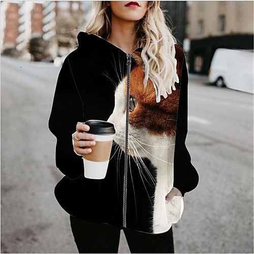 

Women's Hoodied Jacket Sports Spring & Fall Regular Coat Regular Fit Active Streetwear Jacket Long Sleeve Print Patchwork Black / Going out