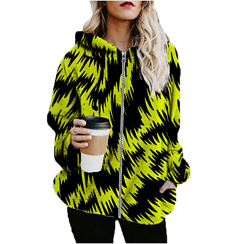 

Women's Hoodied Jacket Sports Fall & Winter Long Coat Loose Jacket Long Sleeve Striped Print Yellow